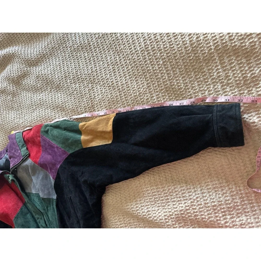 Vintage 80s 90s Colorful Patchwork‎ Leather Bomber Jacket Made in Korea Size L - Picture 8 of 9